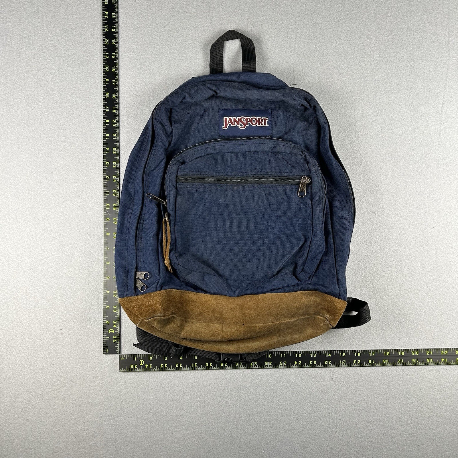 Jansport Backpack Navy Blue Suede Leather Bottom Cool Student Vintage Day Pack