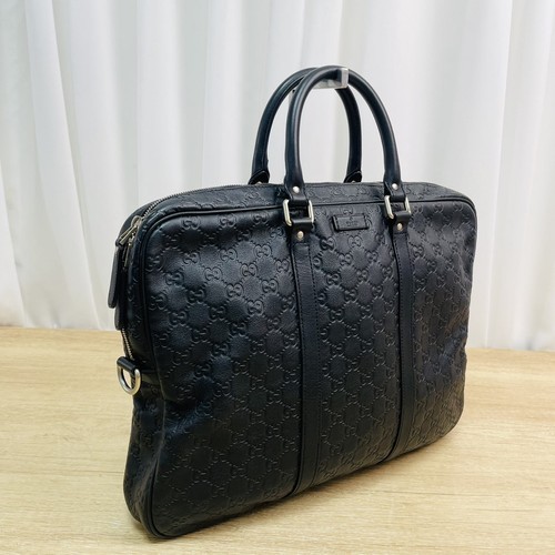 Gucci Signature Leather Briefcase Black GG Embossed Calfskin Top 2WAY Auth Good