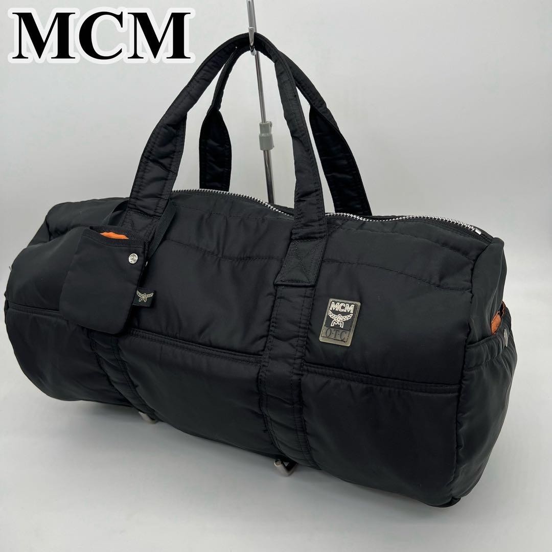 MCM Boston Bag Handbag Large Capacity Black Orange Logo Mens Ladies