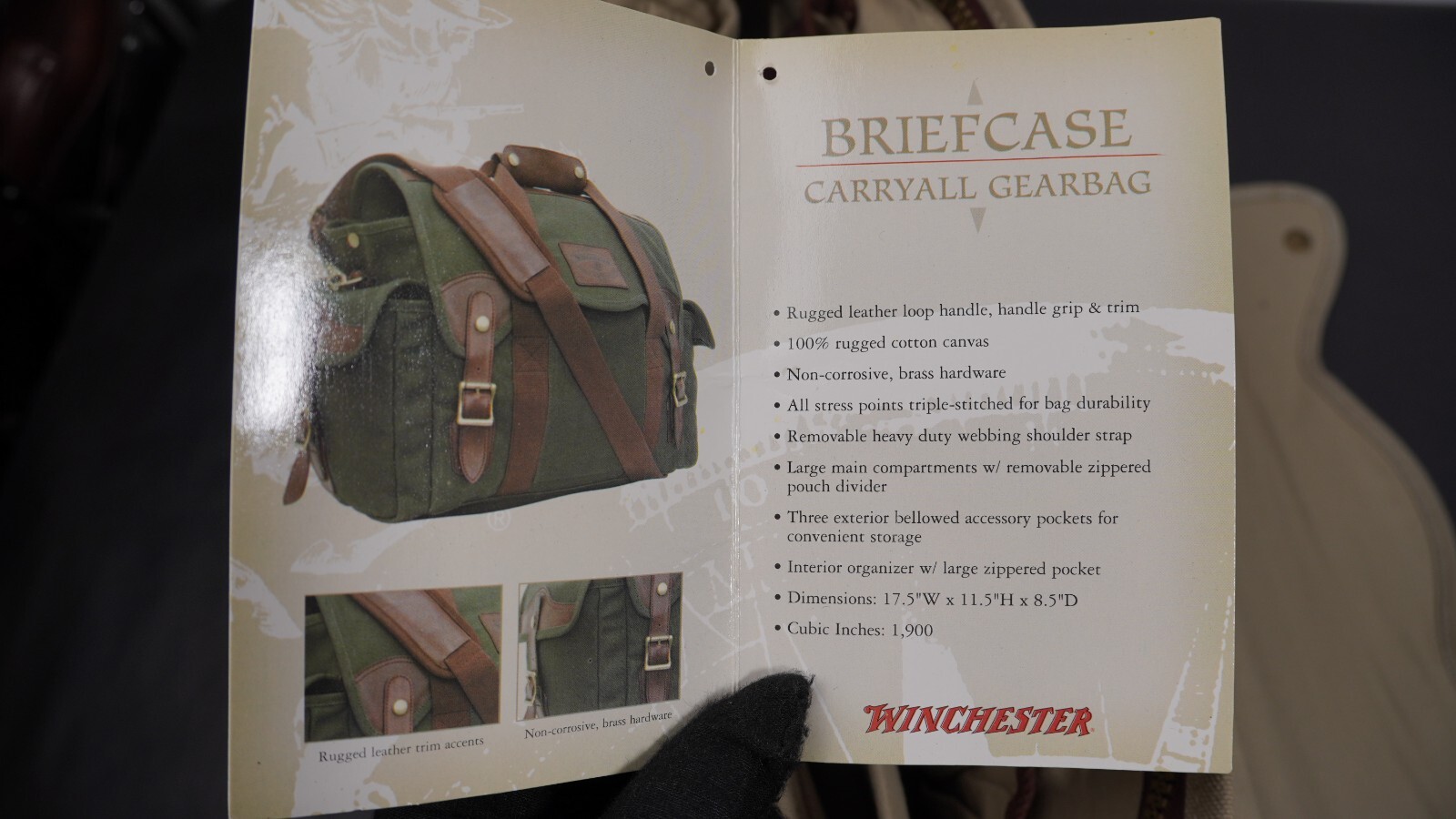 Winchester briefcase carryall gearbag leather canvas brass 17.5×11.5×8.5″