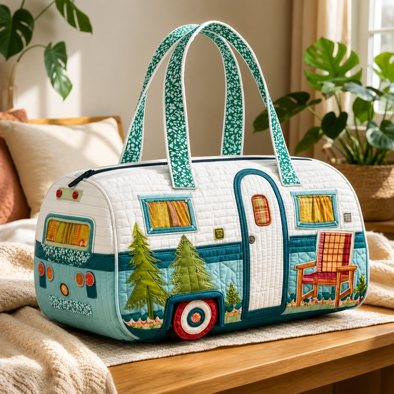 Personalized Quilted Camper Van Weekender Bag, Boho Road Trip Duffel, Forest Cam