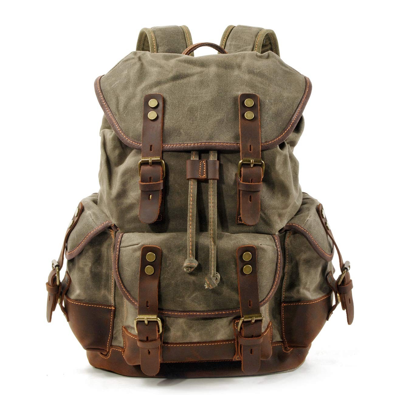 Men Travel Backpack, Genuine Leather-Waxed Canvas Shoulder Hiking Rucksack (G…