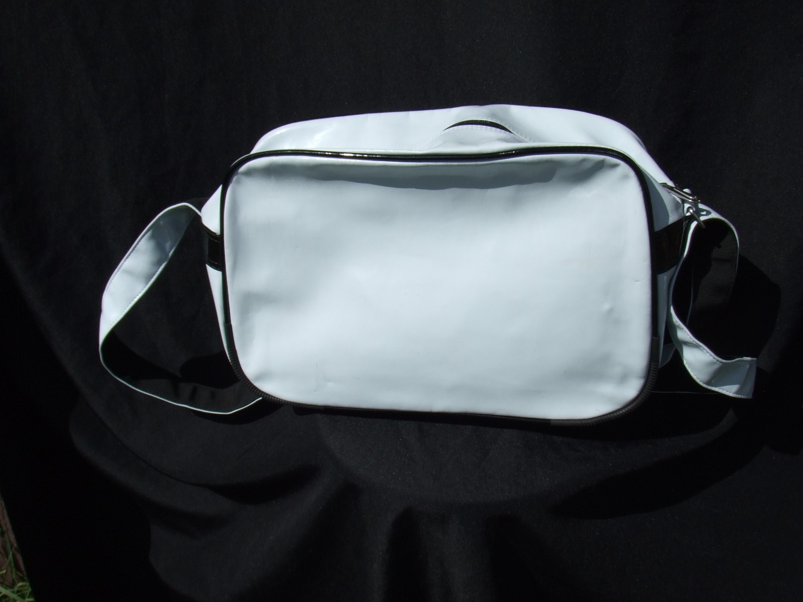 Vintage 90s Nike Patent Leather Messenger Bag Side Body White Black Swoosh Sport
