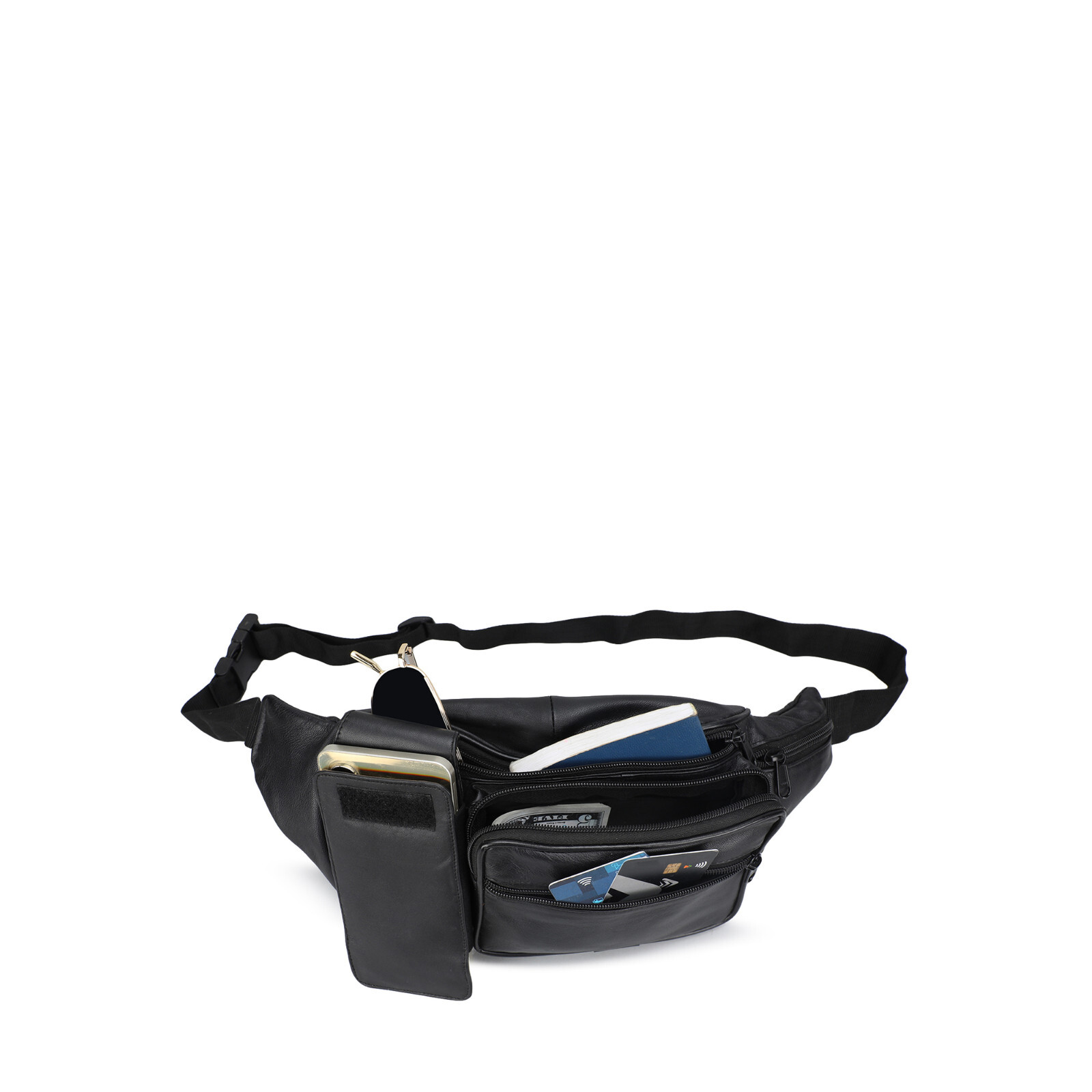Black Genuine Leather Fanny Pack Phone Hip Waist Bag Travel Sport Holder