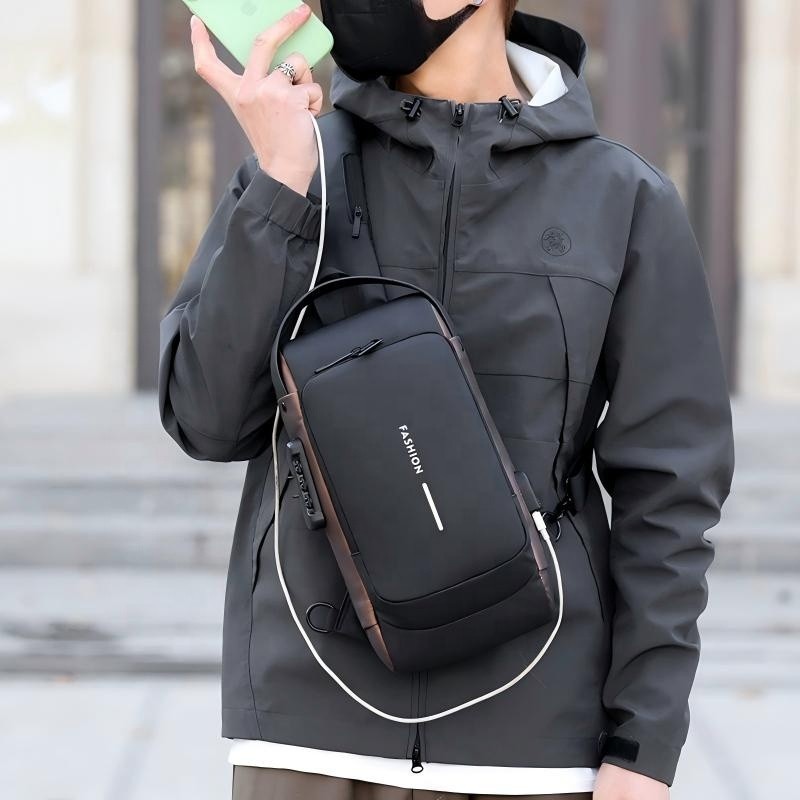 Anti-Theft Sling Bag Men USB Charging Waterproof Nylon Crossbody Chest Travel
