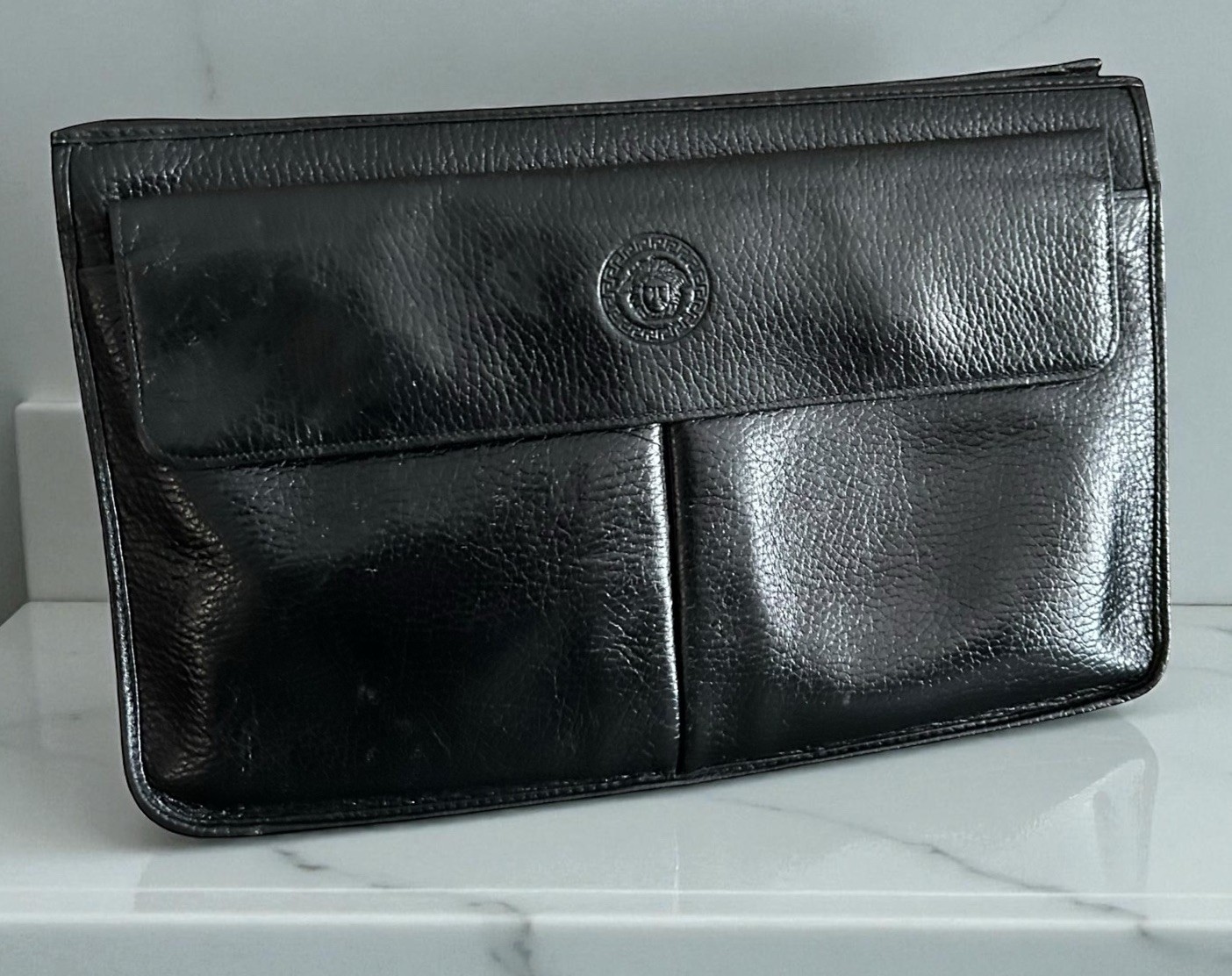 Gianni Versace Clutch Bag Unisex Pebbled Leather Pouch Medusa Zip Pockets Black