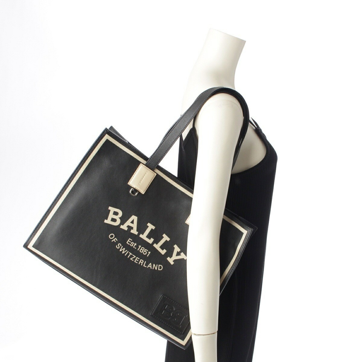BALLY Crystalia Tote Shoulder Bag Black Leather 38x38x13cm pre-owned