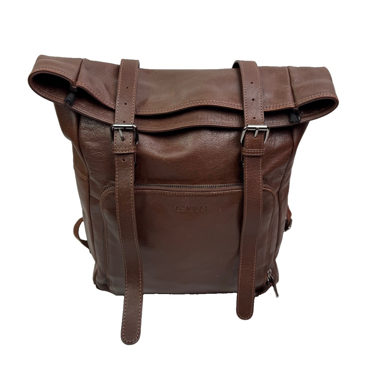Genicci Cognac Jason Roll Top 15″ Laptop Unisex Leather Backpack READ FLAWS