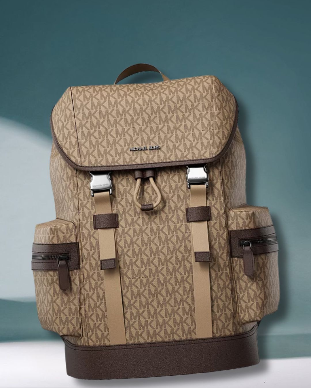 Michael Kors Cooper Men MK Logo Print Canvas Travel School Pocket Backpack Camel