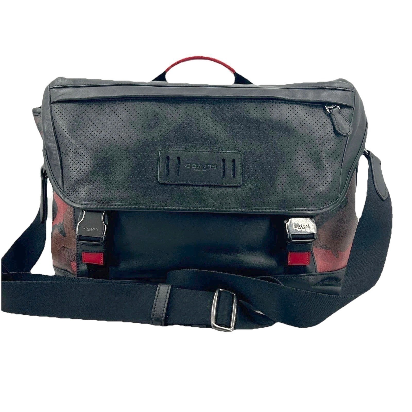 Coach Mens Messenger Bag Large Black Red Camo Leather F79905 Urban Tactical