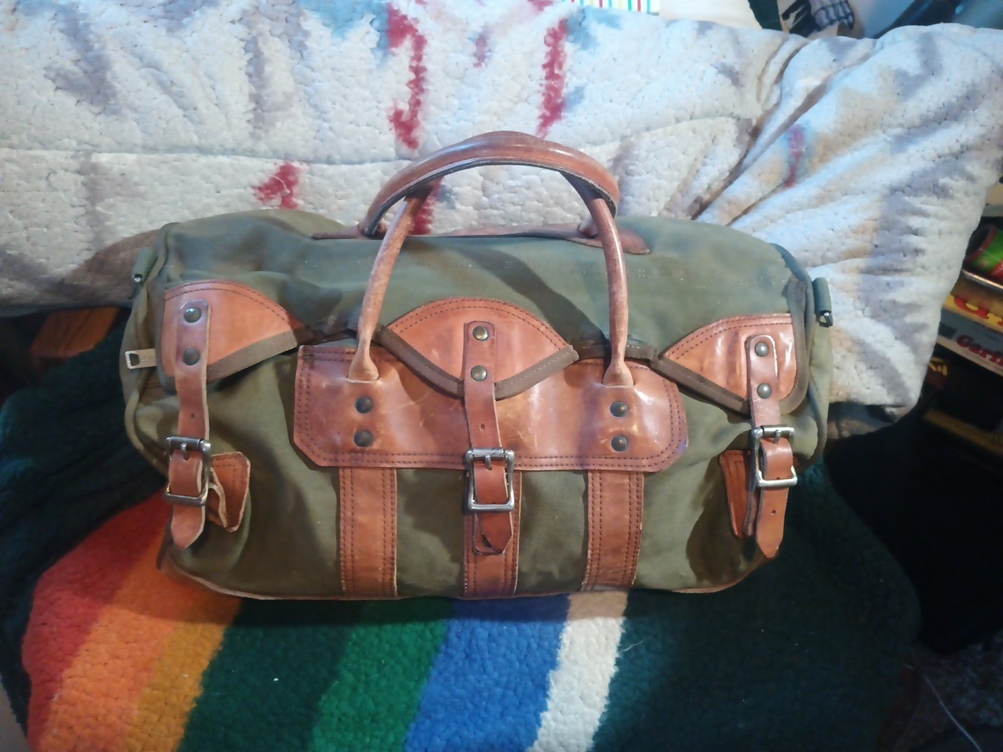 Vintage Leather Canvas Hunting Duffel Bag Duck Logo Orvis Gokeys Battenkill? Htf