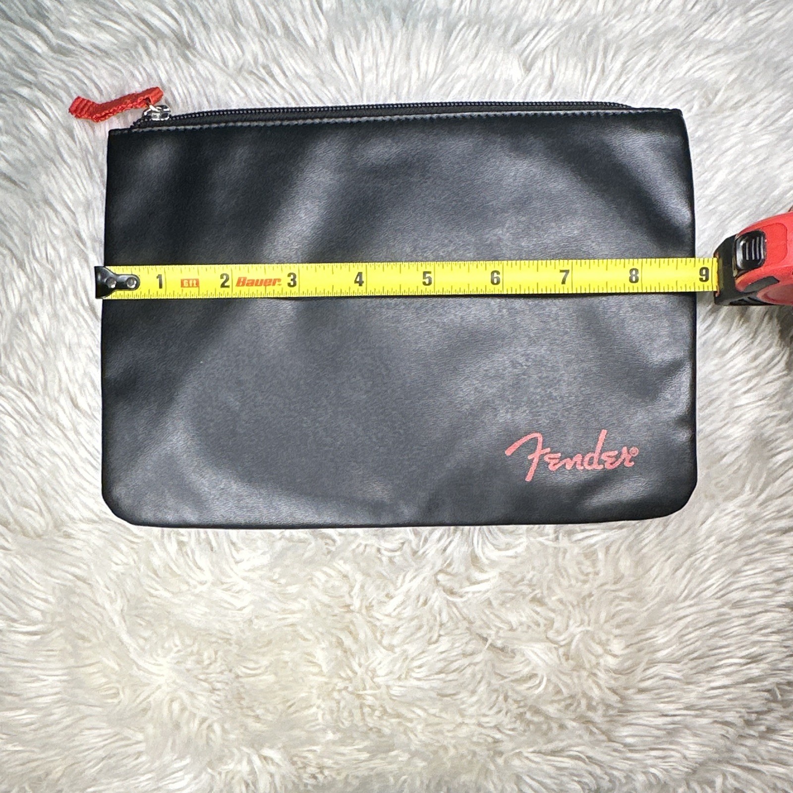 Fender Black Leather Zipper Red Logo Pouch Accessories Electronics Bag 9 x 6 in