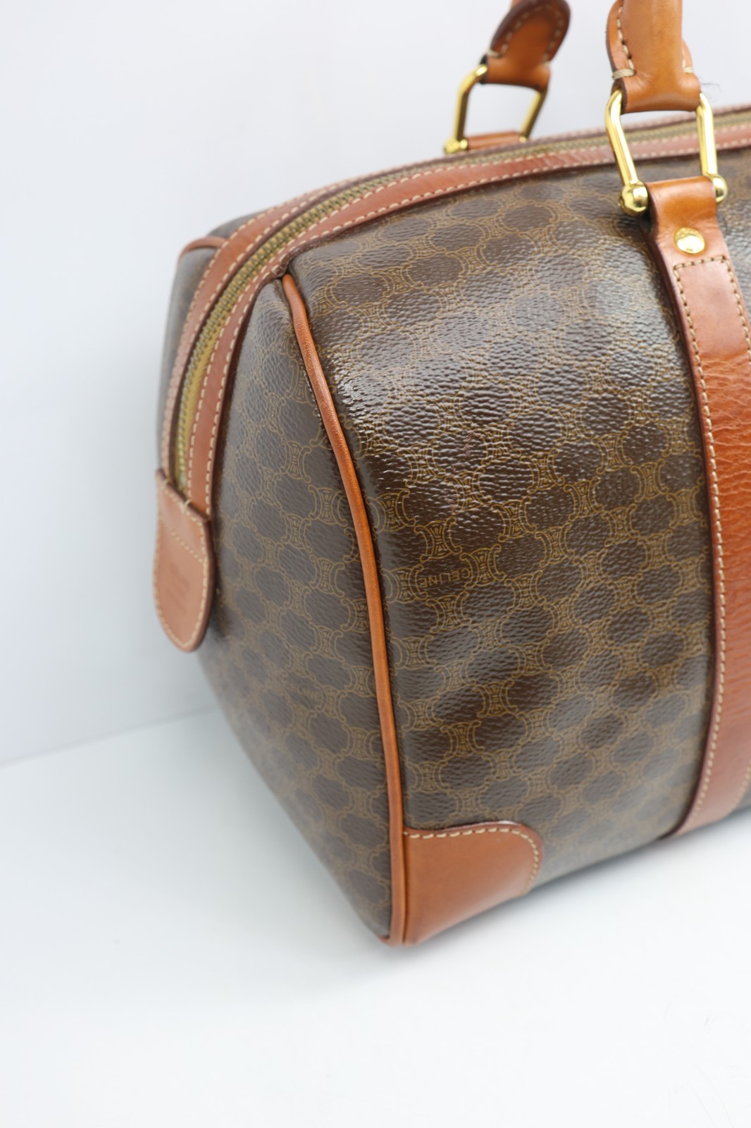 Authentic CELINE Macadam Boston Bag 35cm Brown PVC Leather Travel Handbag Vintag