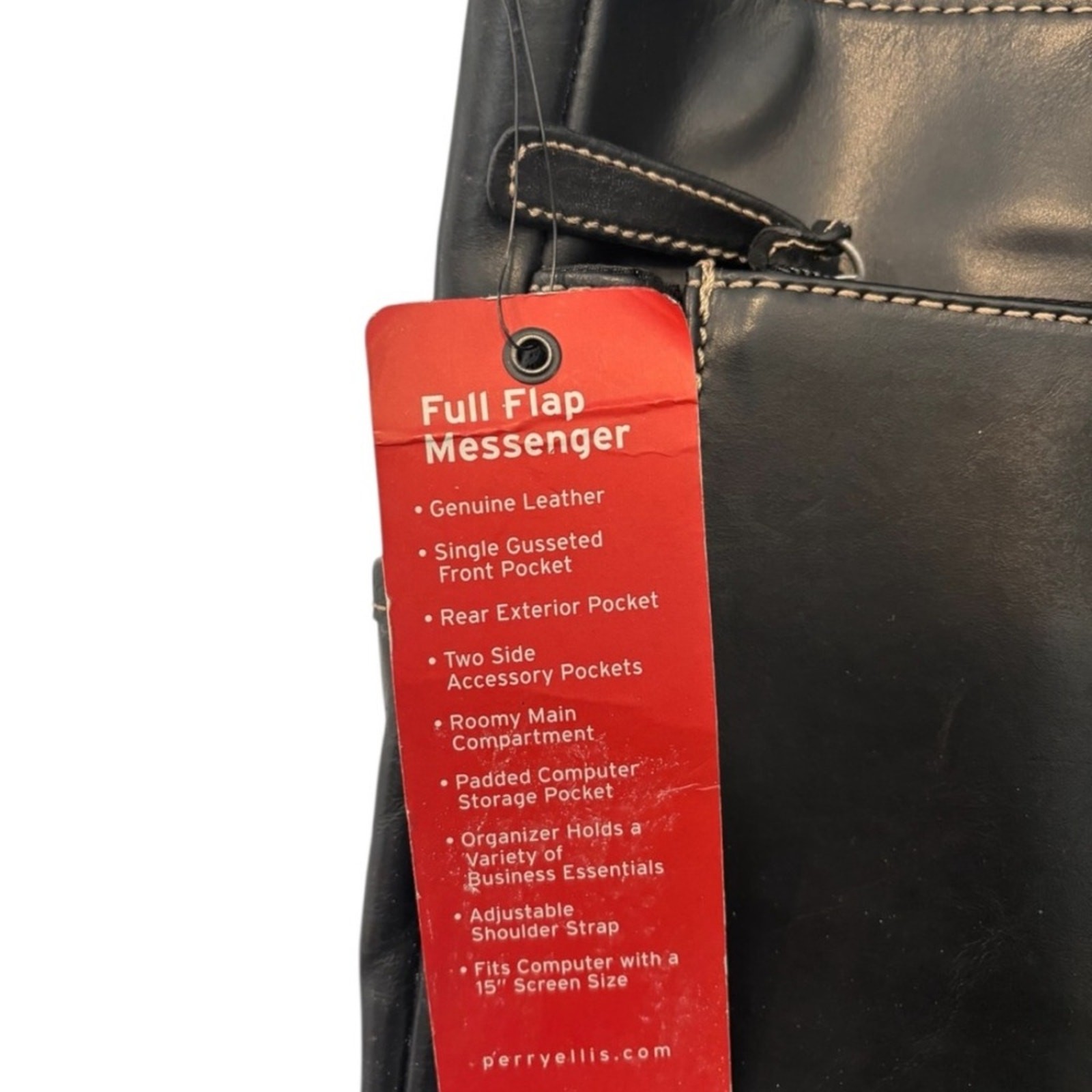 NWT Perry Ellis Portfolio Full Flap Black Leather Adjustable Messenger Bag