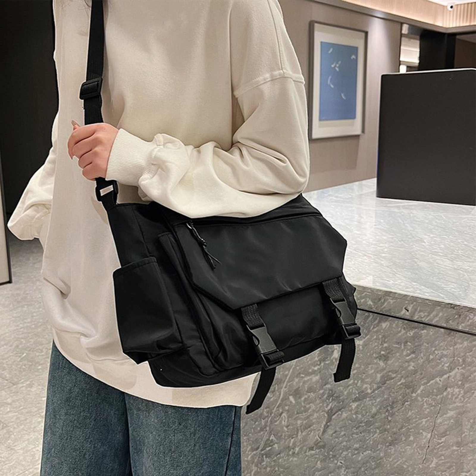 Casual Shoulder Bag Flap Over Messenger Bag Black For Men Women For School