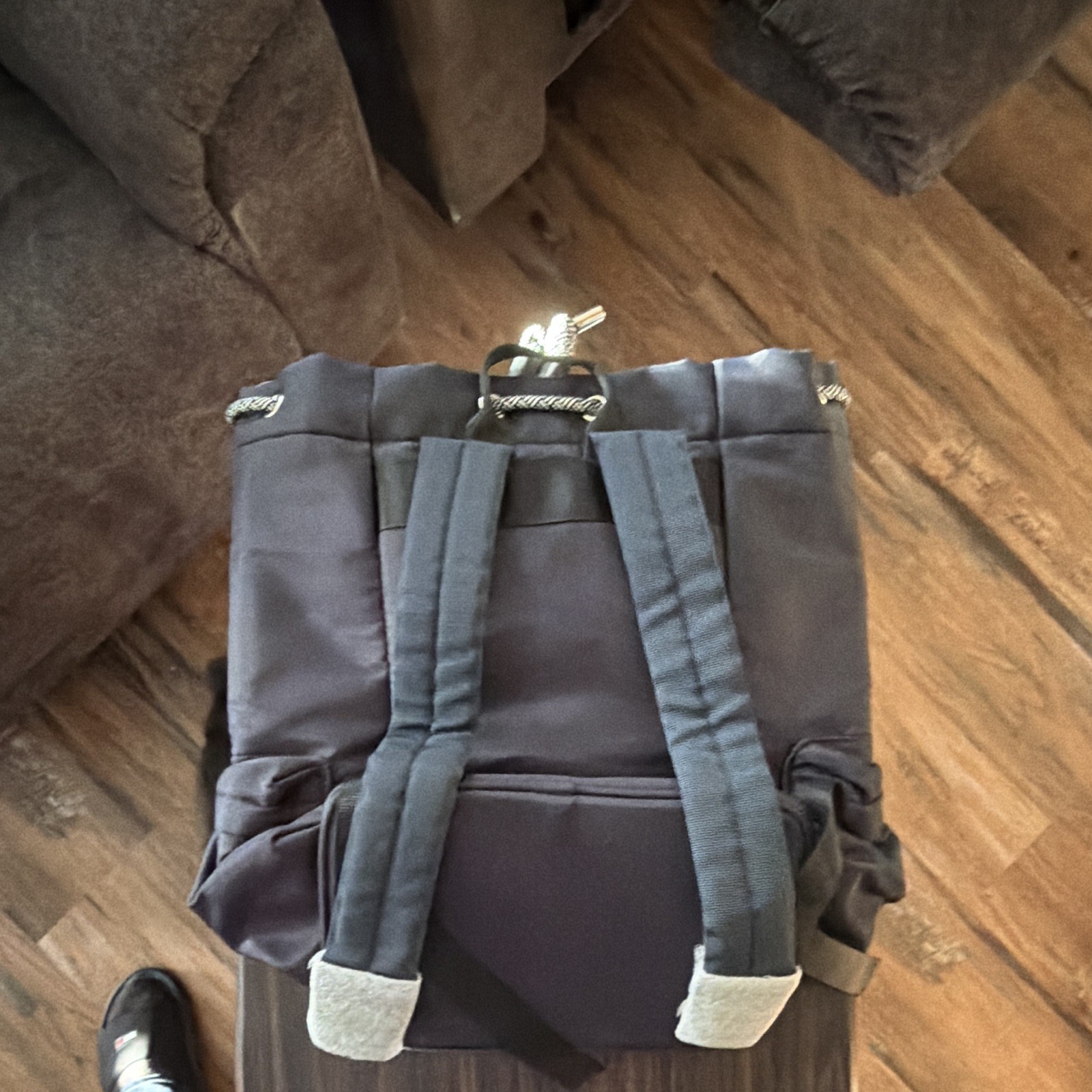 Versace Black Drawstring Backpack w/ Front Zip Pocket, Adjustable Straps