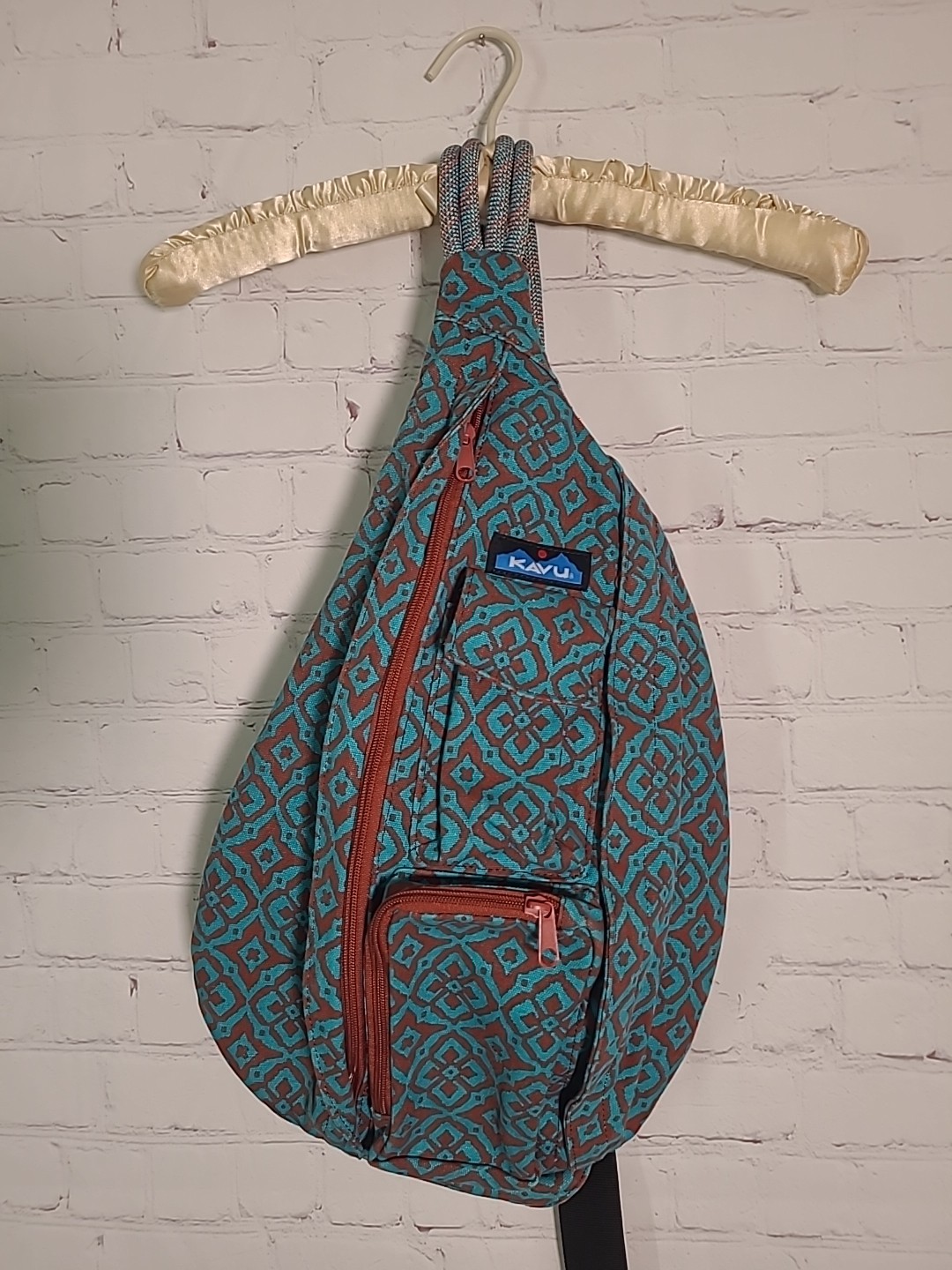 KAVU Rope Sling Bag Crossbody Desert Mosaic Backpack Teal Blue Brown Retired EUC