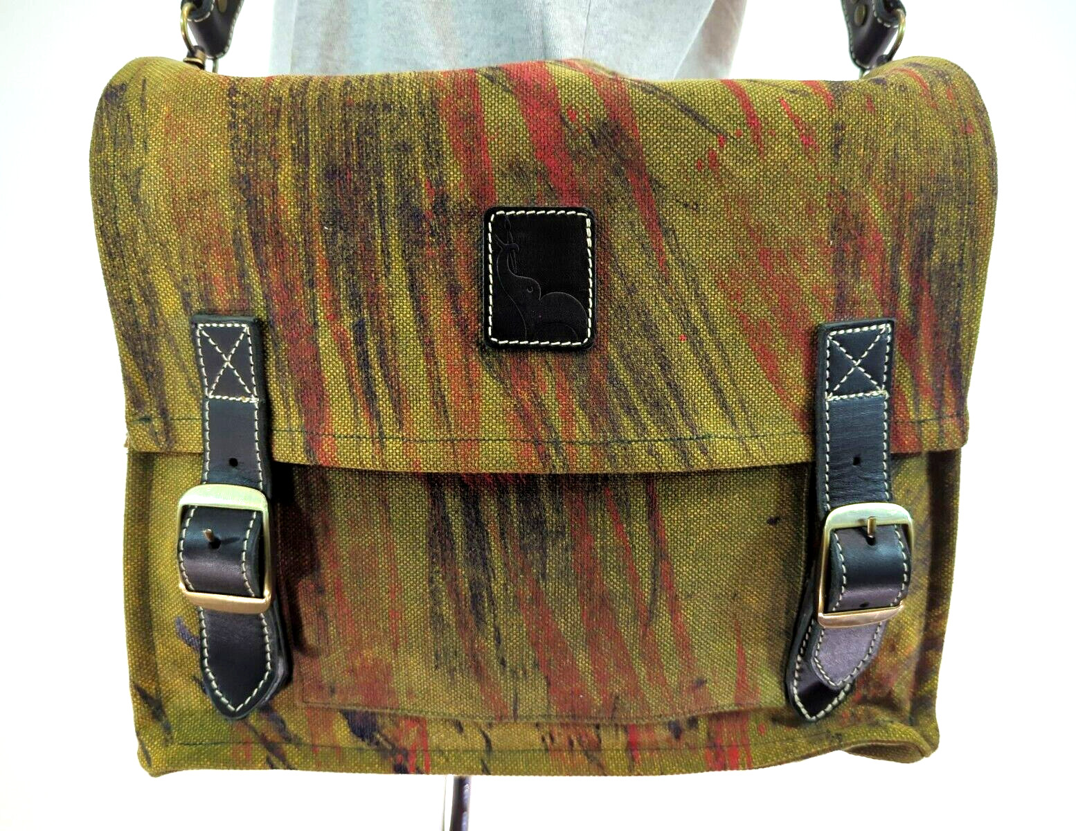 FREDD & BASHA Elephant Art Multi Canvas & Leather Crossbody Messenger Bag-NEW *