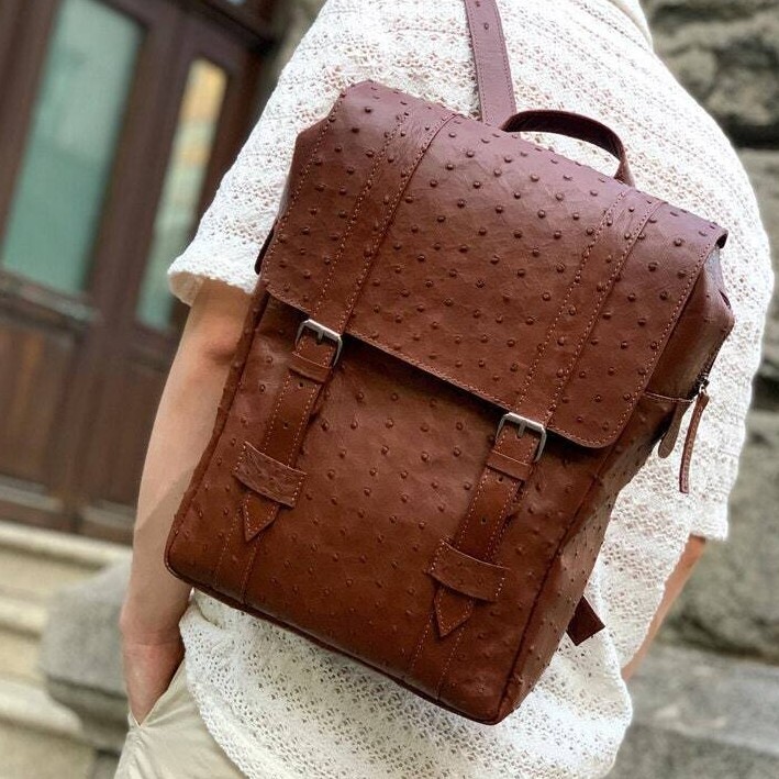Men’s Backpack GENUINE Ostrich Leather Exotic Luxury Large Brown Bag for Laptop