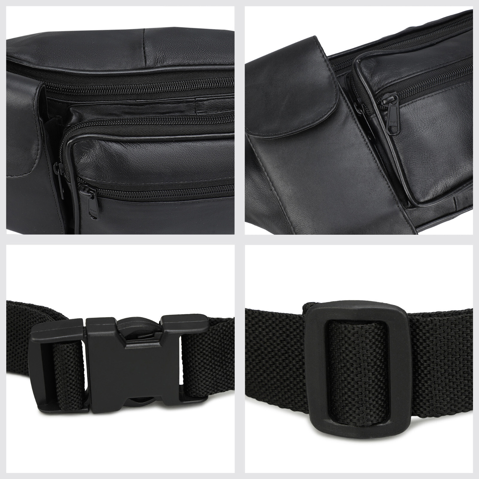 Black Genuine Leather Fanny Pack Phone Hip Waist Bag Travel Sport Holder