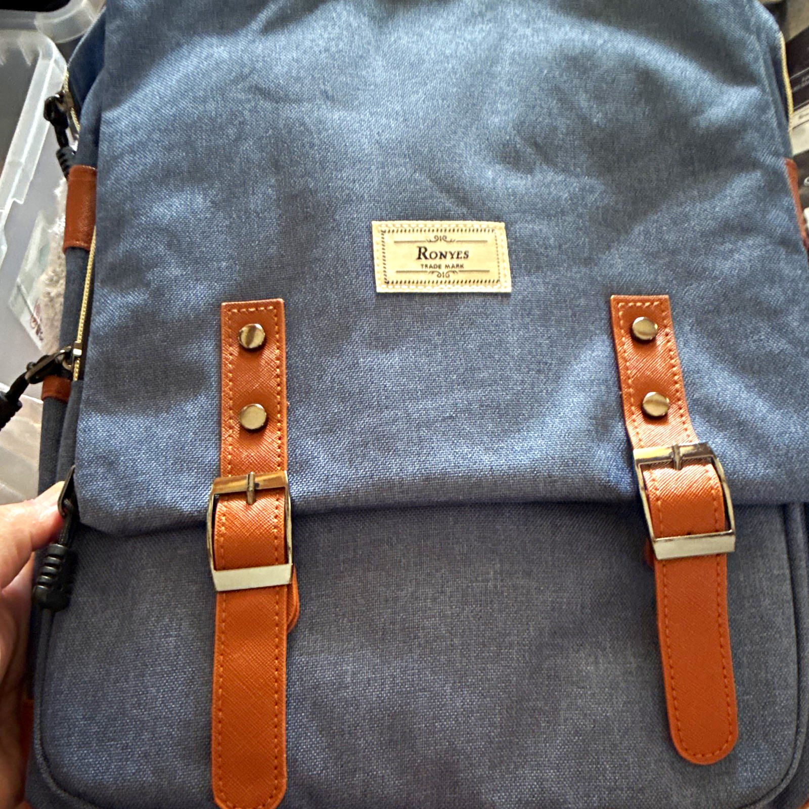 Ronyes Blue Backpack Brown Straps Buckle & Zip, Padded Straps, Pockets