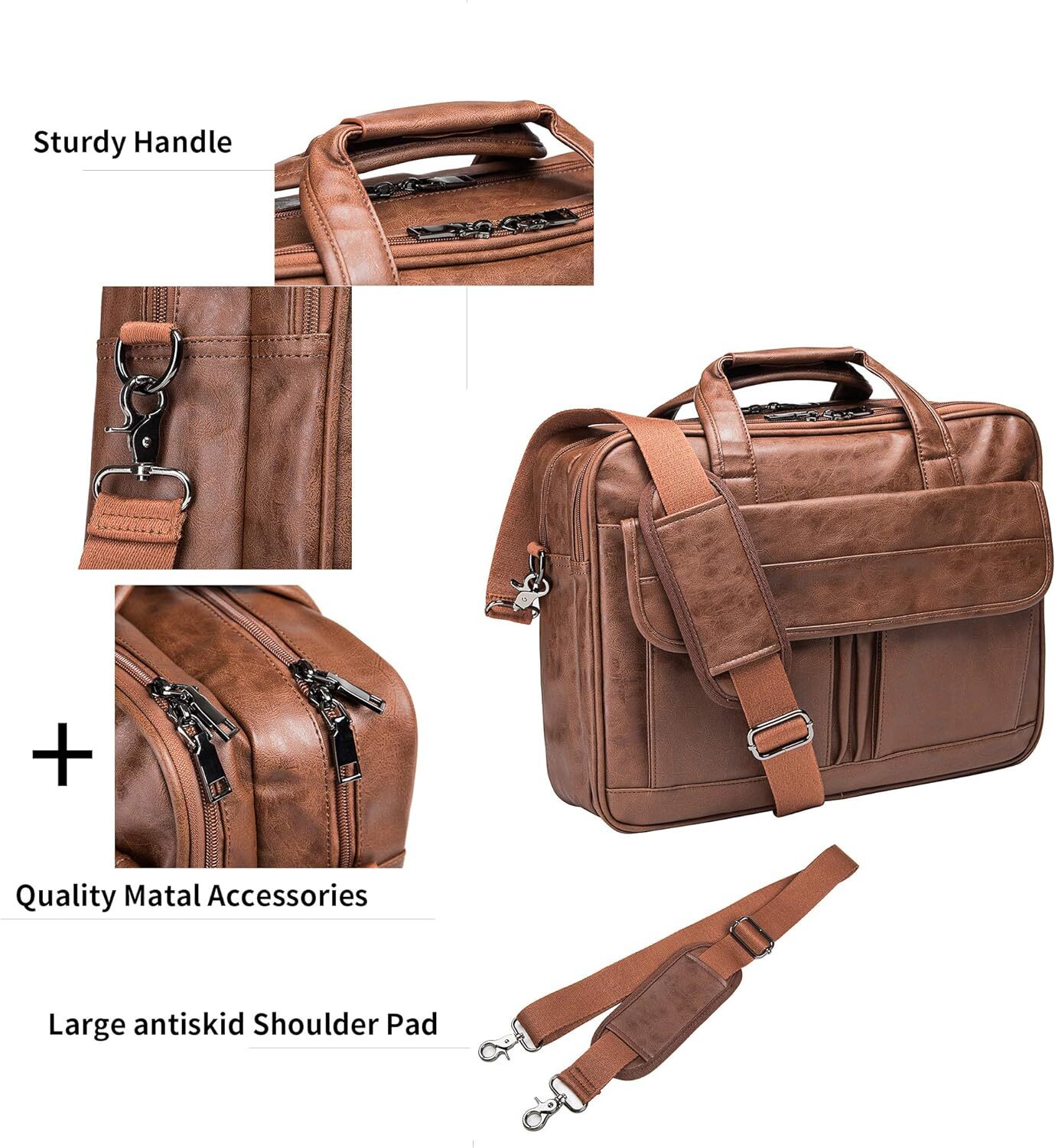 seyfocnia Mens Laptop Bag,15.6 Inch Leather Messenger Bag Brown-15.6inch