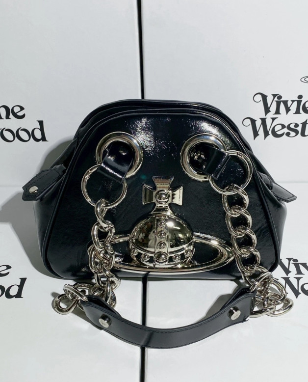 Vivienne Westwood Big Orb 2Chain Strap Black Leather Shoulder Bag Japan