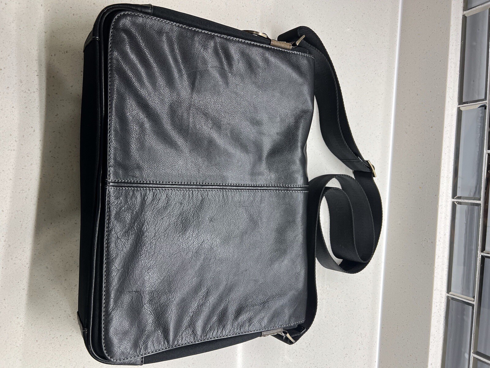 Boconi Leather And Nylon Men’s Laptop Shoulder Bag. Black
