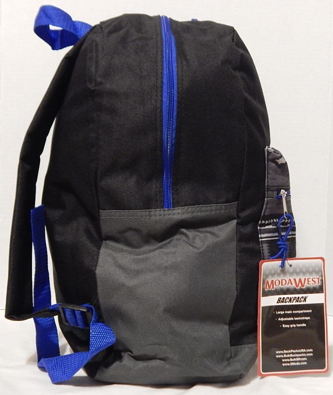 Backpack Basic Style Tribal Stripes Design Black Grey and Blue Trim 17 x 5 x 12