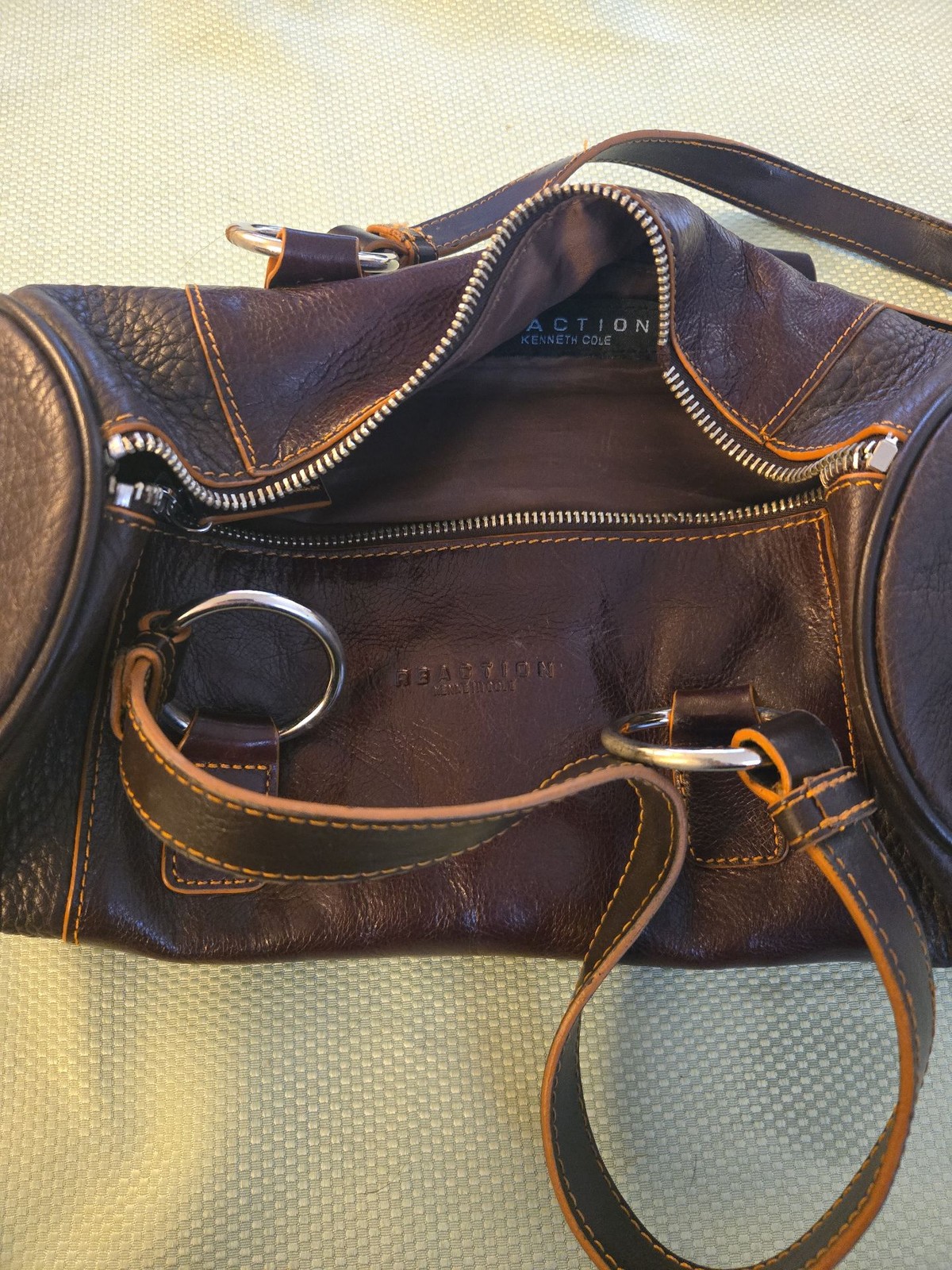 Kenneth Cole Reaction Brown Leather Duffel Satchel Bag *Broken Zipper*