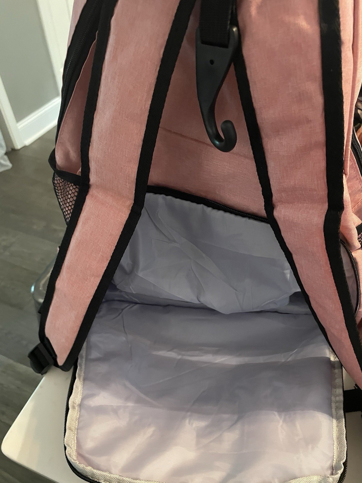 Pink Sling Backpack Crossbody Bag, Zipper Closure, Adjustable Strap, Mesh Pocket