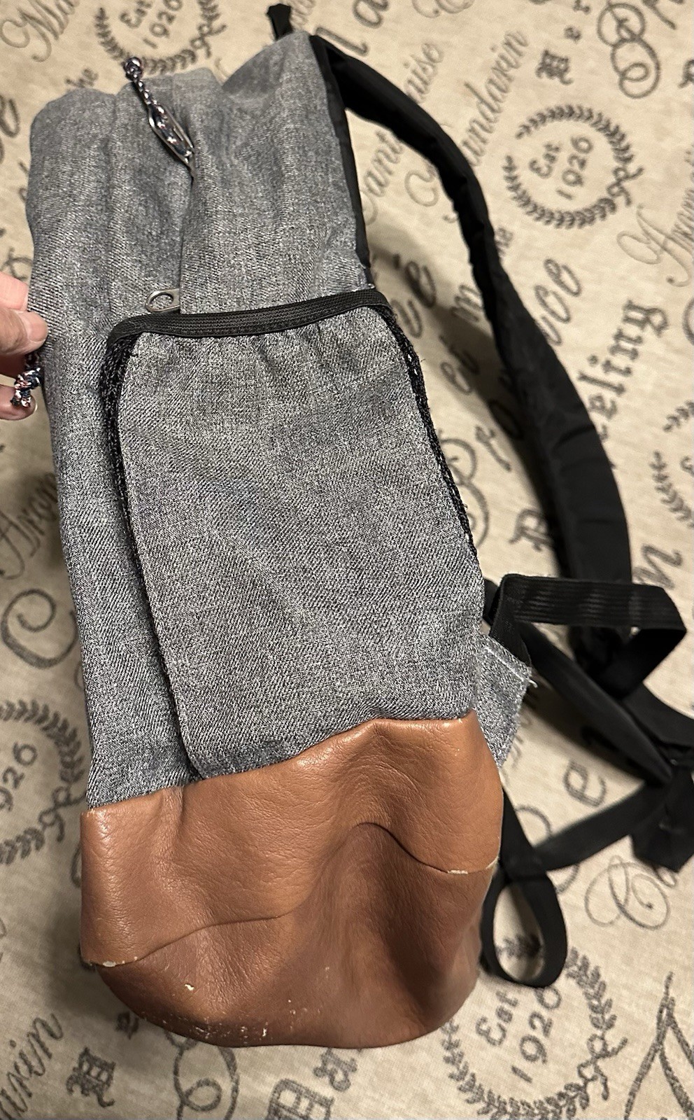JanSport Backpack Cool Student Laptop Gray Faux Brown Leather Bottom