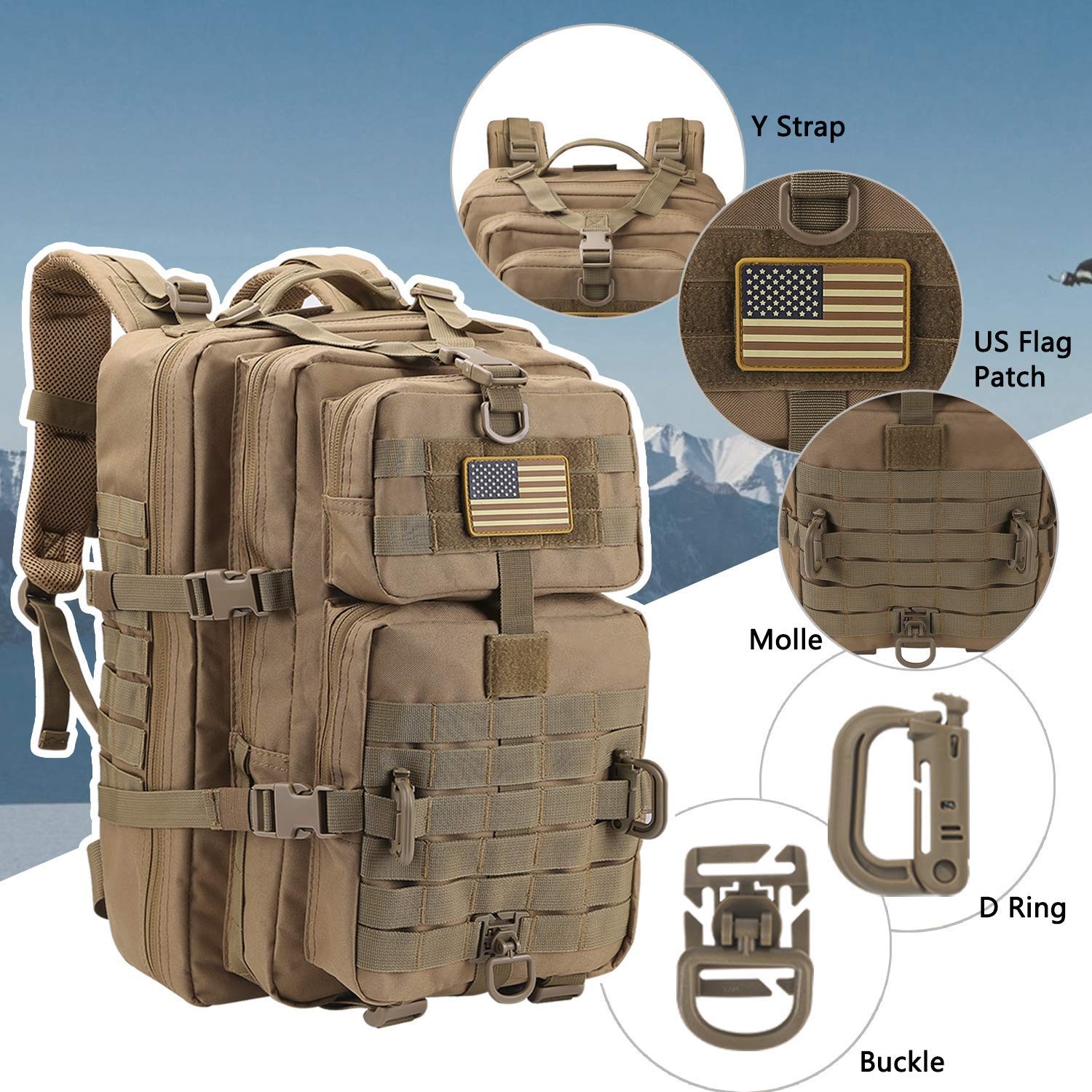 Assault Pack Tactical Backpack 3-Day Rucksack Coyote with USA Patch