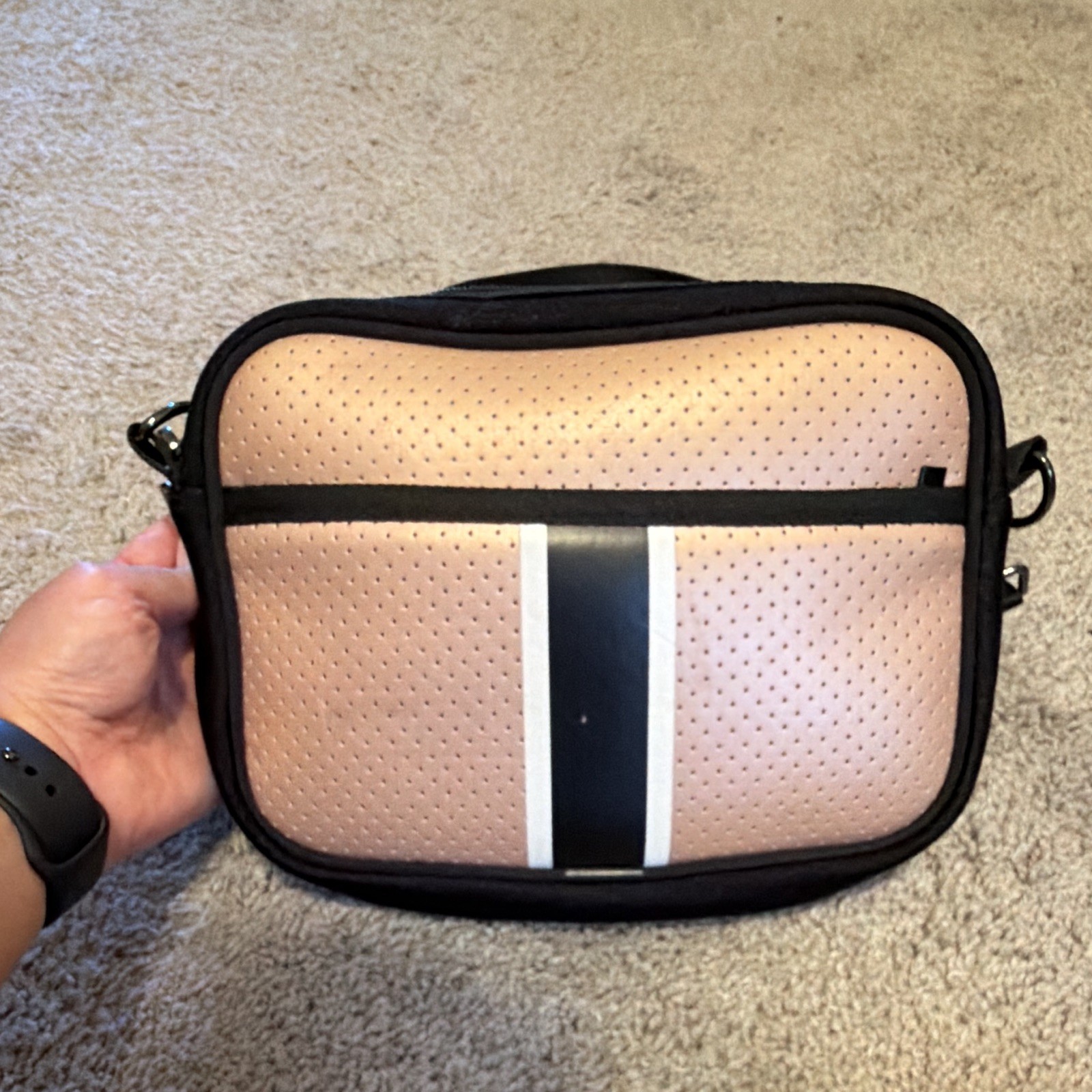 Haute Shore Small Pink Crossbody Bag Black/White Stripe Zip Adjustable Strap