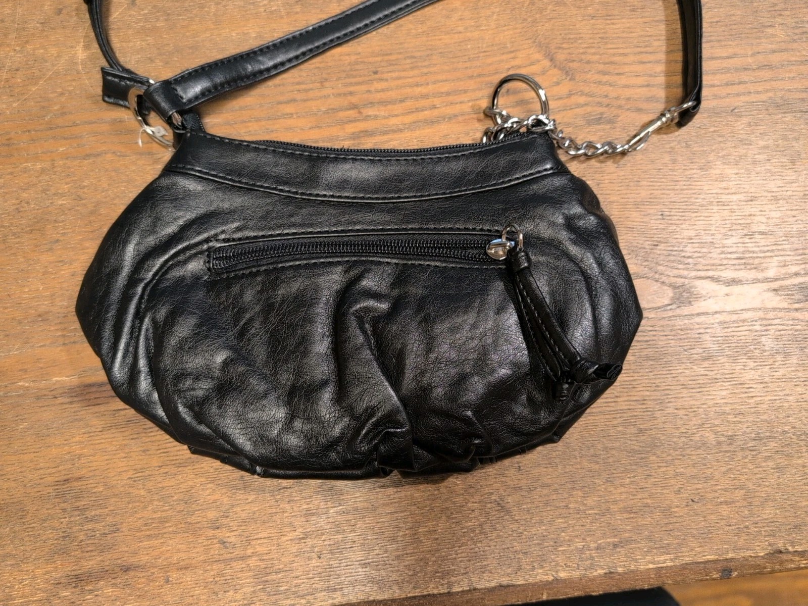 Shiny Black Faux Patent Leather Shoulder Bag Multiple Pockets Studded Accents