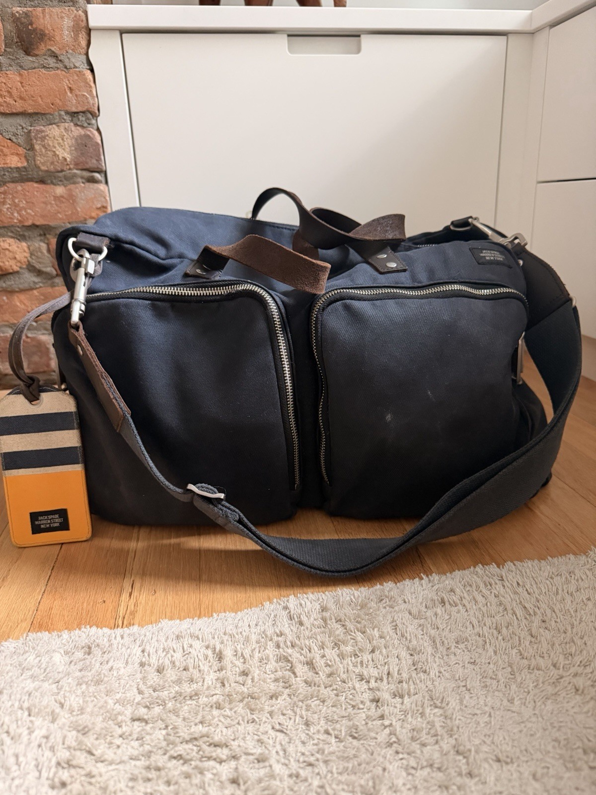 Jack Spade Navy Dipped Coated Waxed Canvas Duffle Bag Weekend Travel Luggage
