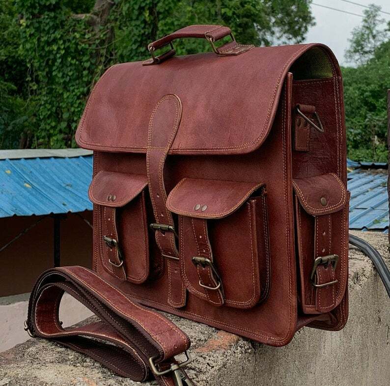 Distressed Leather Laptop Messenger Convertible Briefcase Crossbody Backpack Bag