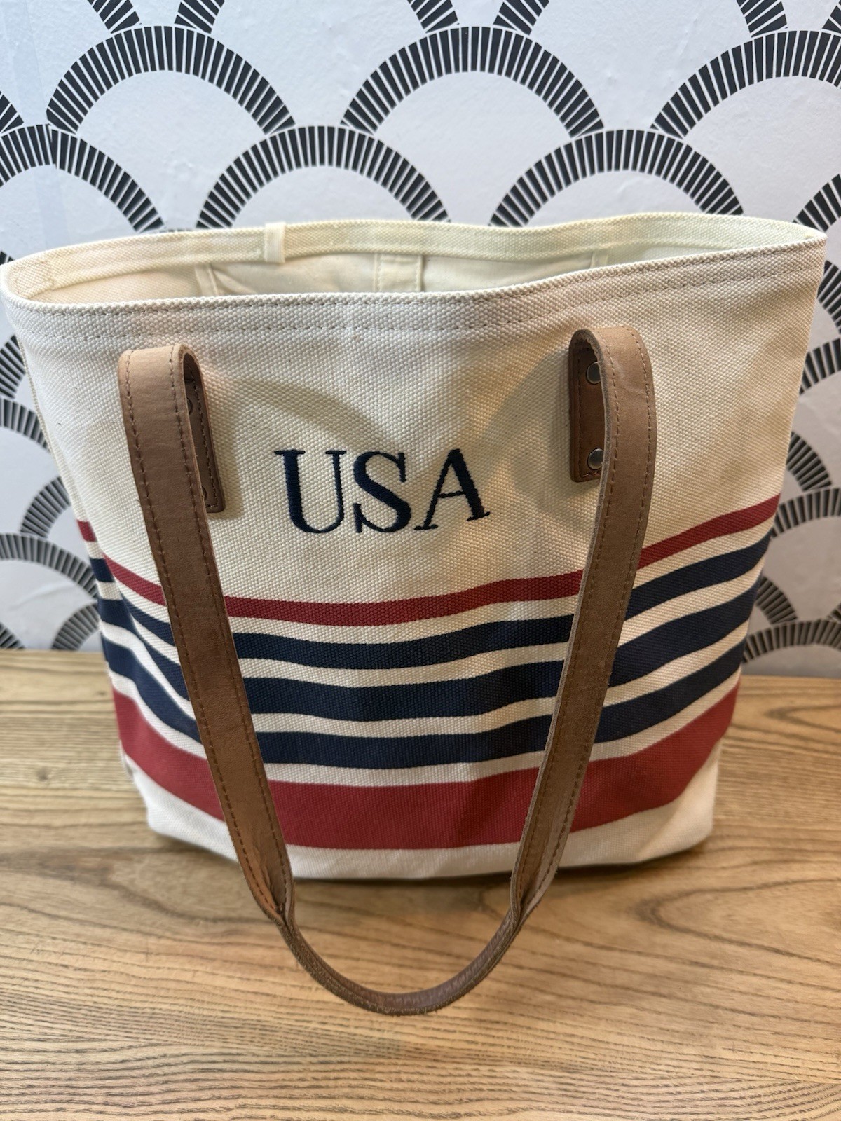 Vtg LL Bean Boat N Tote Canvas Bag Lg Red White Blue Leather Handle Stripe USA