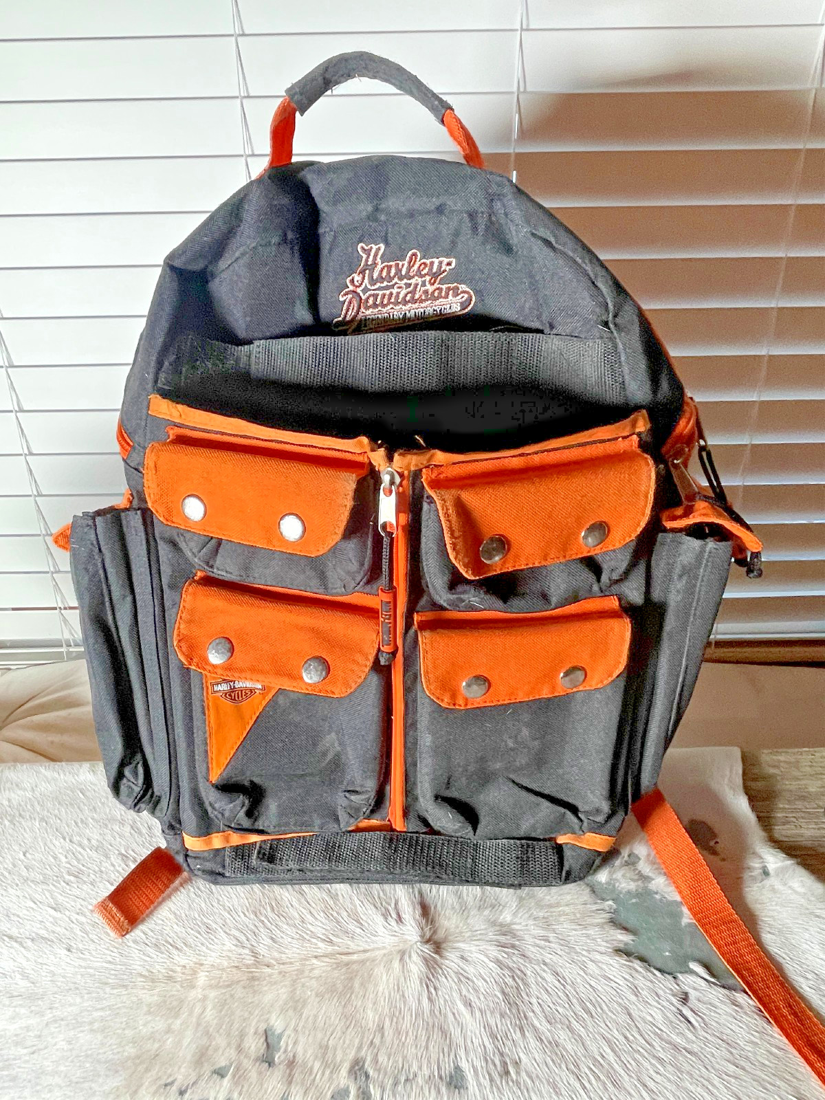 Harley Davidson Backpack 19 x 15 in Black Orange Zip Pockets Embroidered