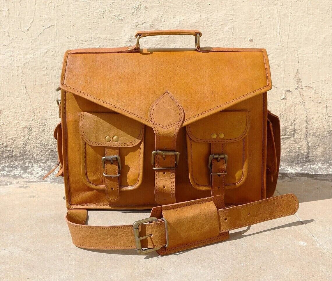 56 CM Men’s Goat Leather Vintage Brown Messenger Shoulder Laptop Bag Briefcase