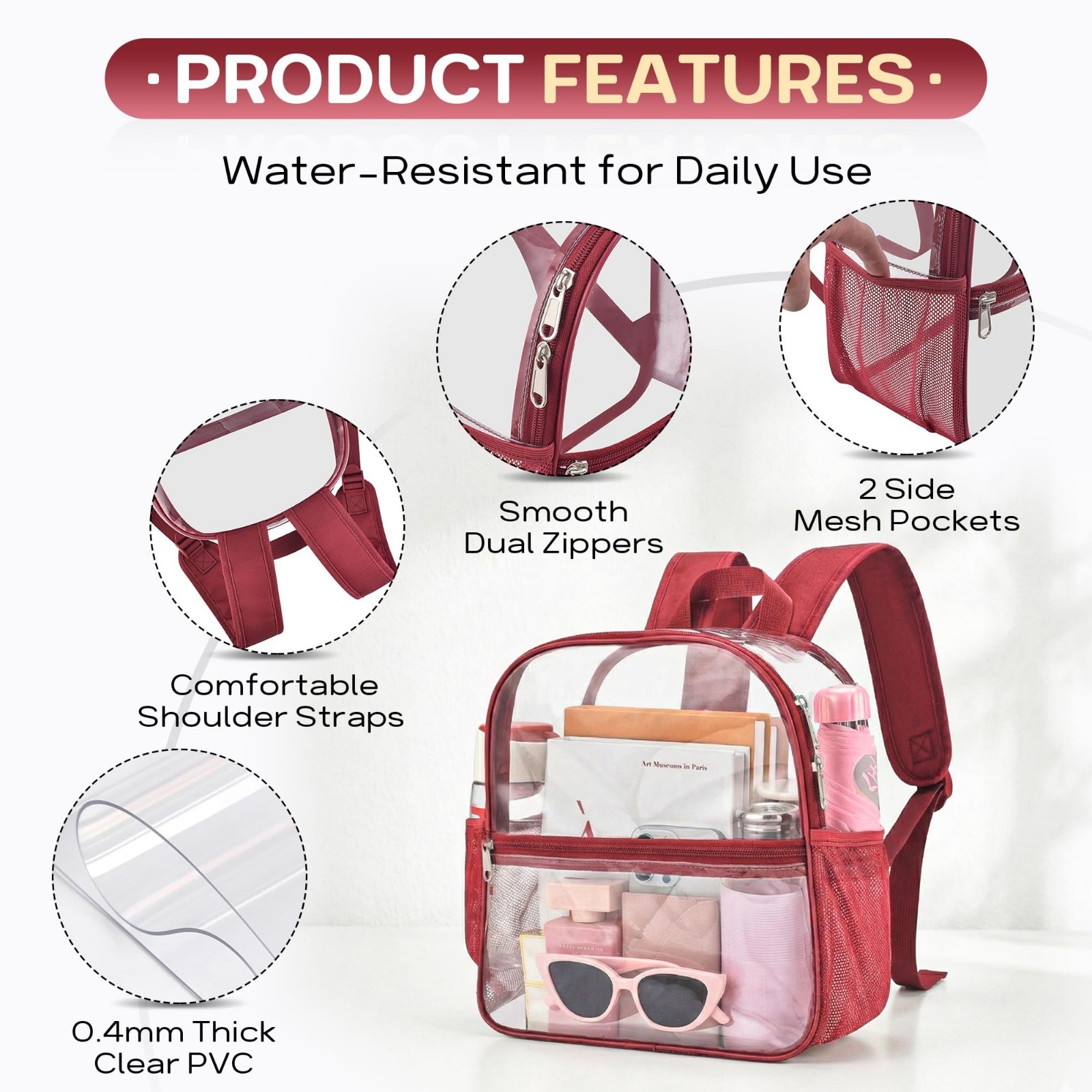 Clear Stadium Backpack for Events | Small 12x6x11 in Bag for Concerts, Sports, W