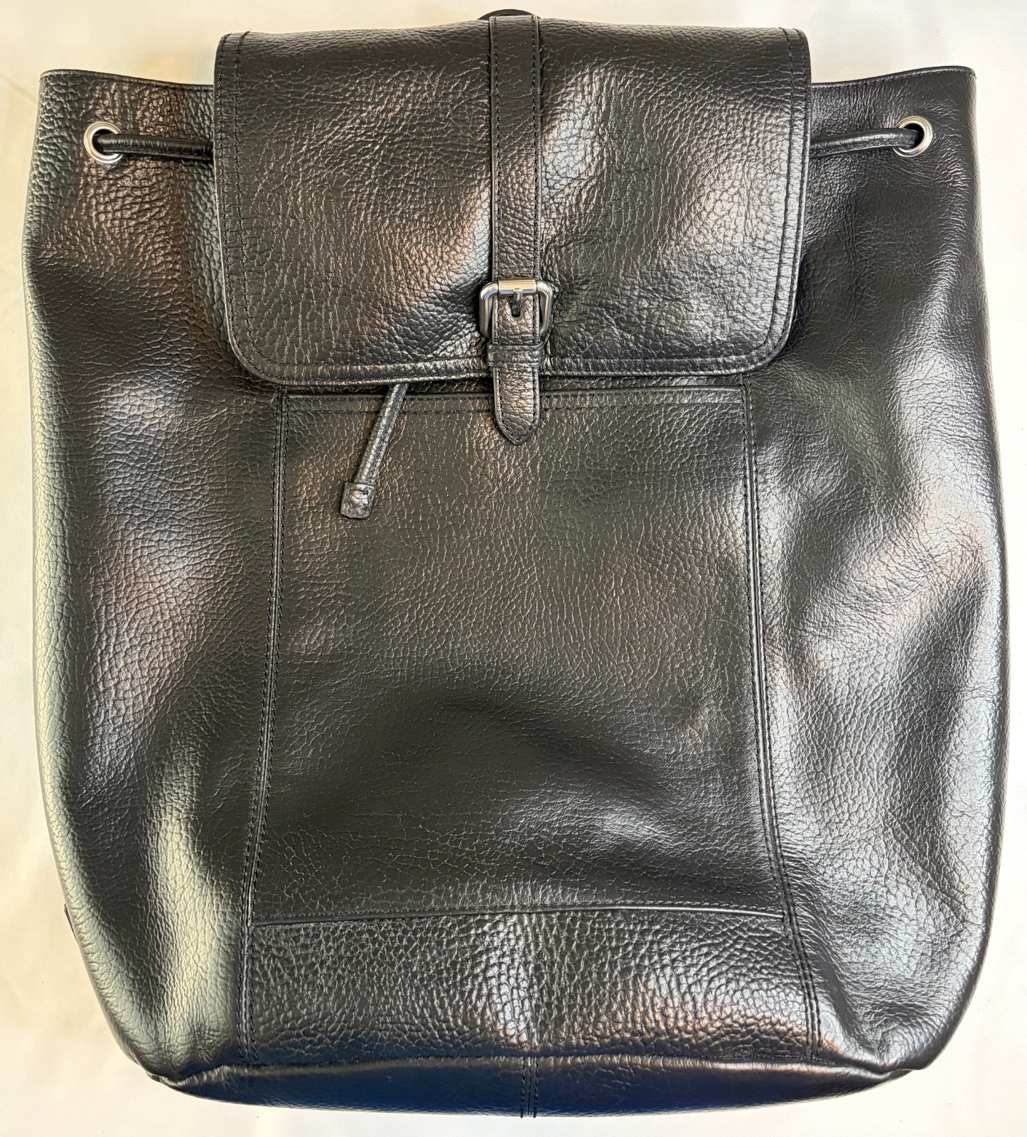 Cole Haan Black Pebbled Leather Backpack Drawstring Flap Laptop Travel Bag