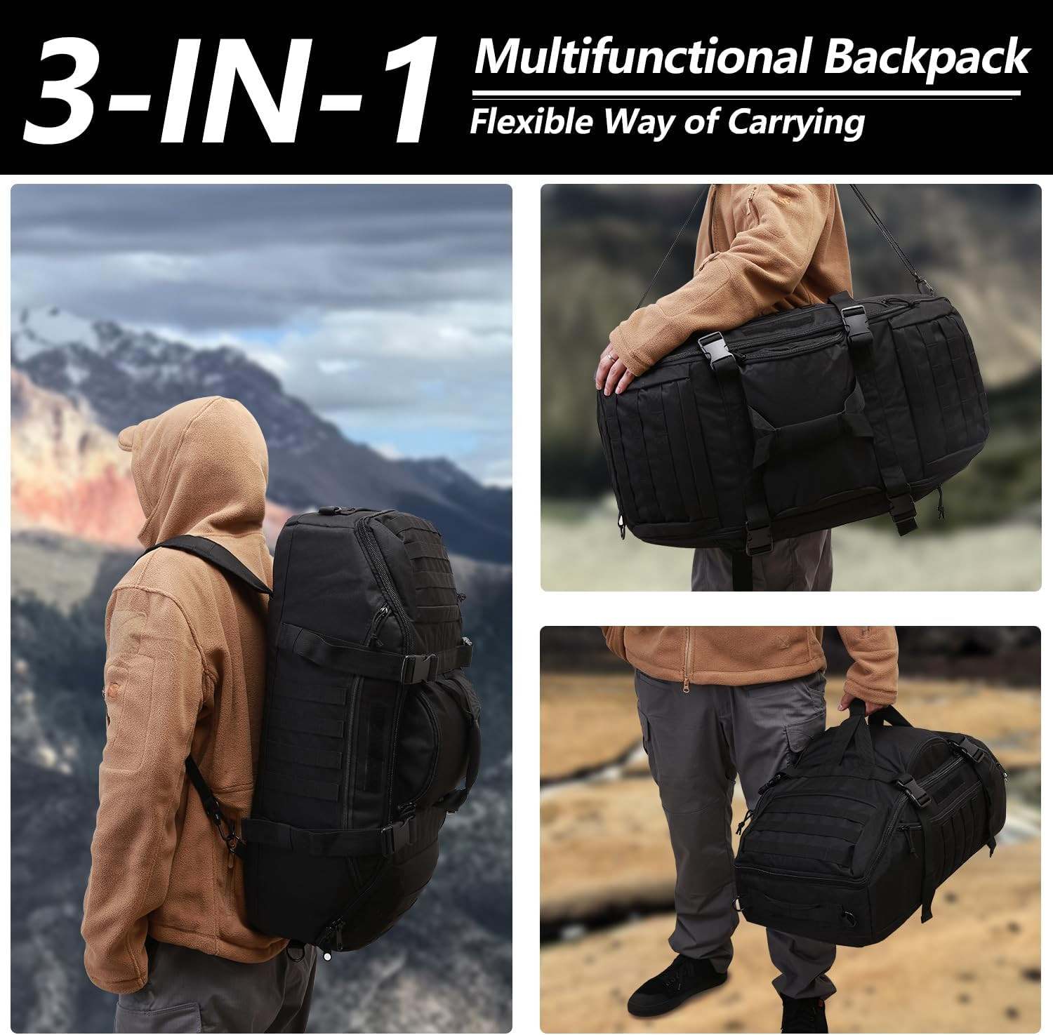 55L Large Duffle Bag, 3-In-1 Tactical Backpack MOLLE Pack for Sports, Gym, Outdo