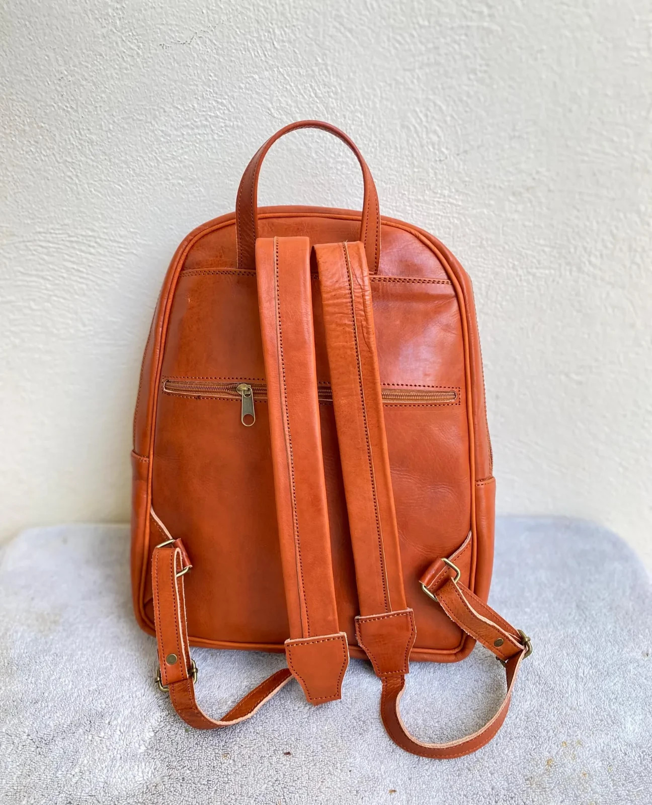 Handcrafted Genuine Leather Round Satchel Bag – Cognac | Double Front Pockets