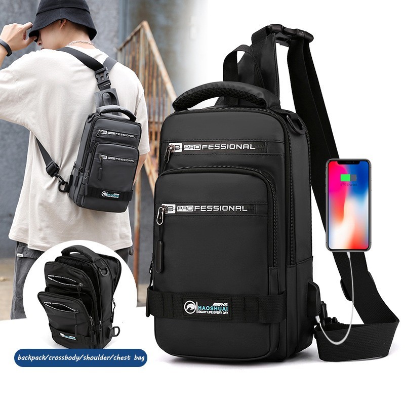 Men Waterproof Nylon Sling Crossbody Bag USB Shoulder Chest Pack Backpack