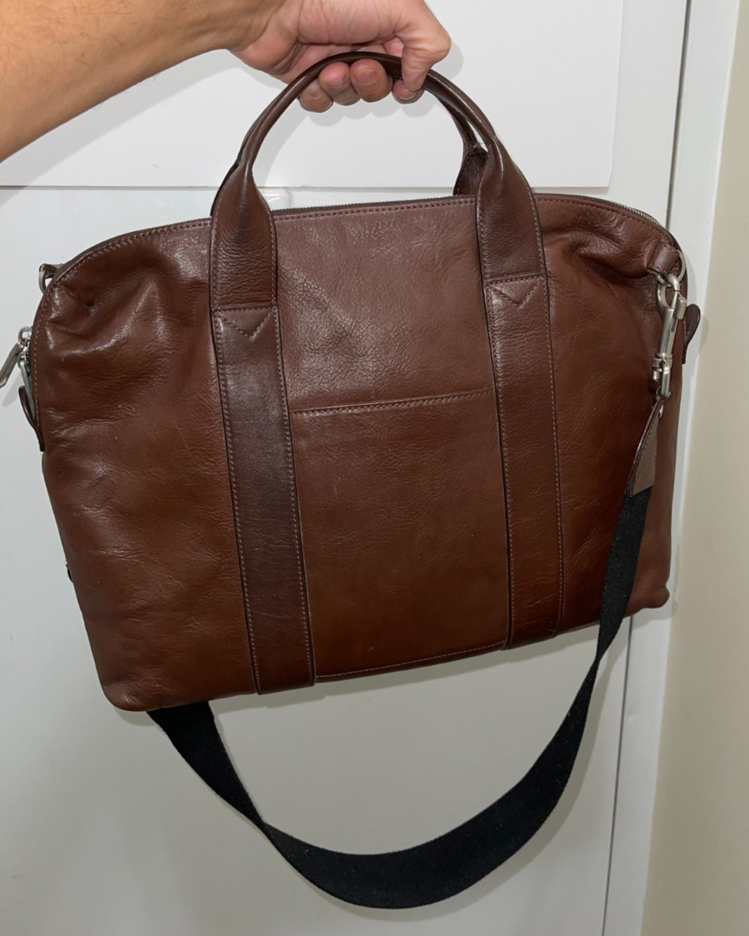 Jack Spade Mens Brown Leather Messenger Laptop Bag W Canvas Straps Career Work