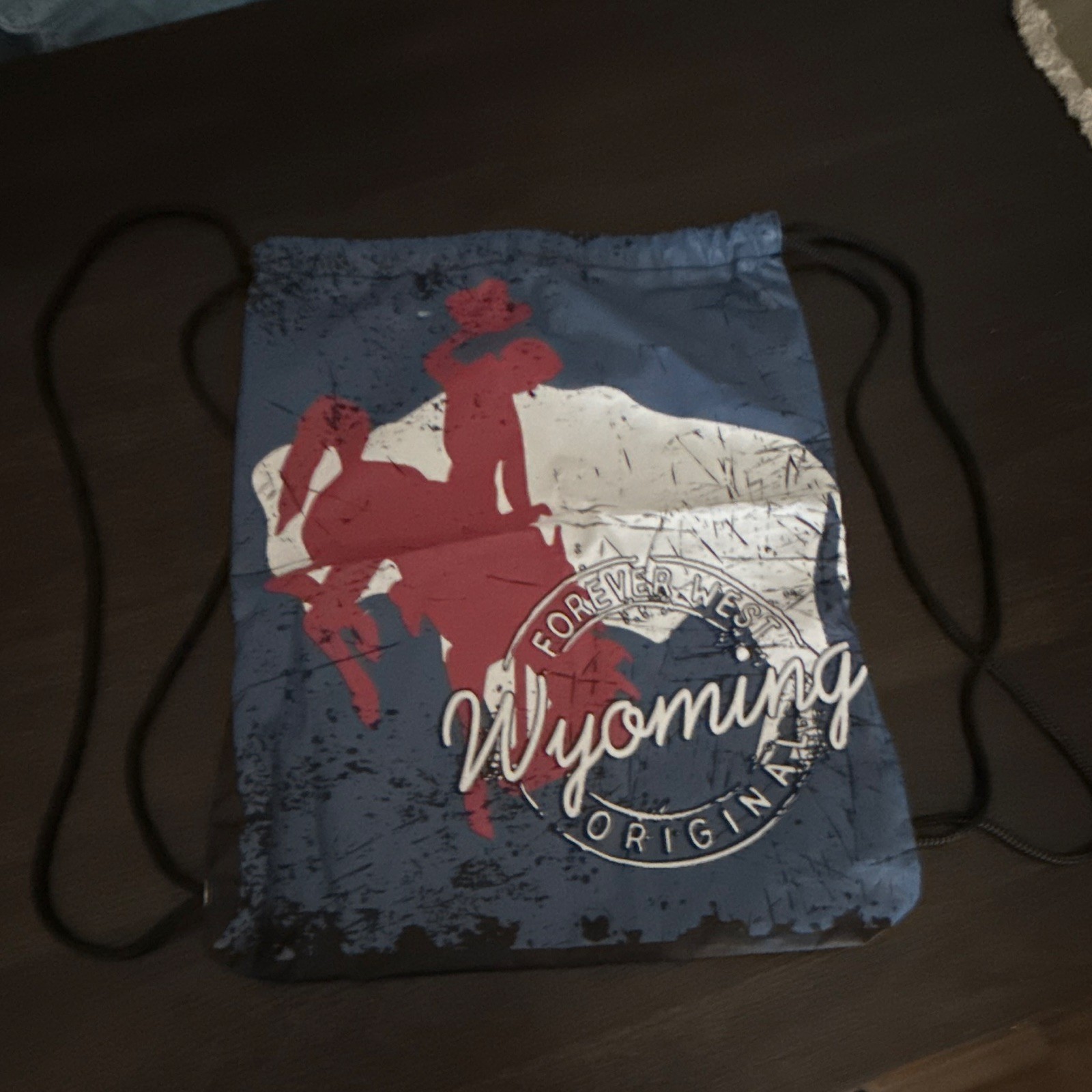 Robin Ruth Drawstring Backpack Blue Red White Wyoming Original Graphic Print