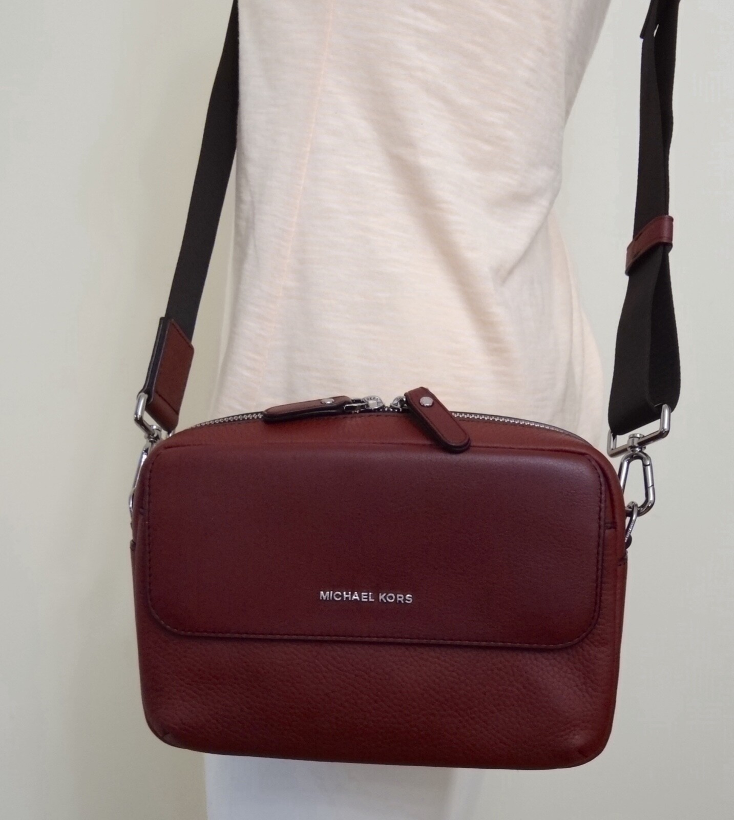 Michael Kors Hudson Dark Berry Pebbled Leather Utility Messenger Crossbody Bag
