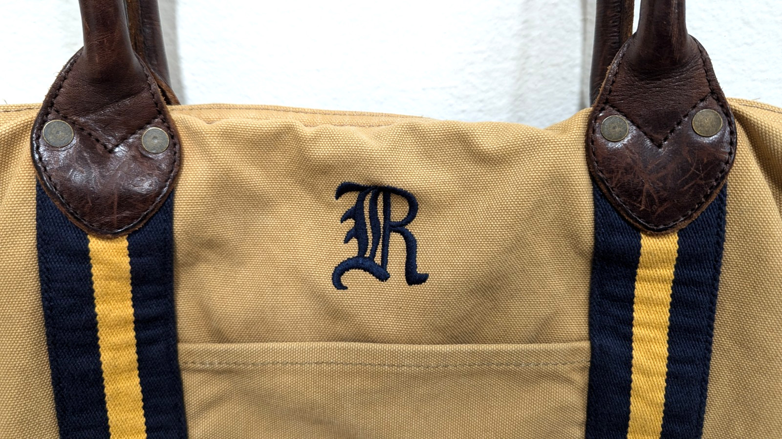 Vtg RALPH LAUREN RUGBY Tote Bag Canvas Leather Handles Shoulder Luggage Logo *