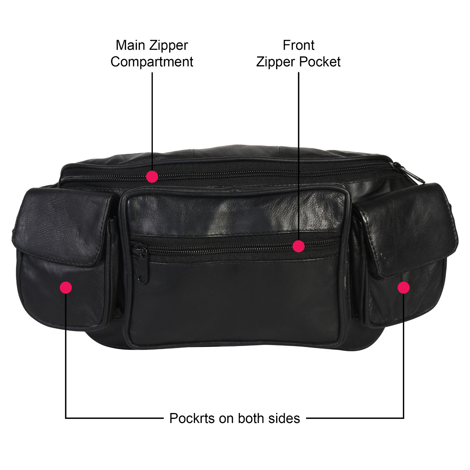 Large Black Solid Leather Waist Fanny Pack Belt Bag Travel Hip Purse Mens Women